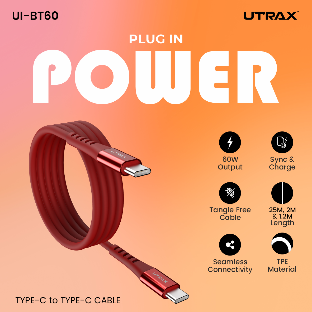 1.2 M Type C to Type C TPE Cable with Metal Heads
