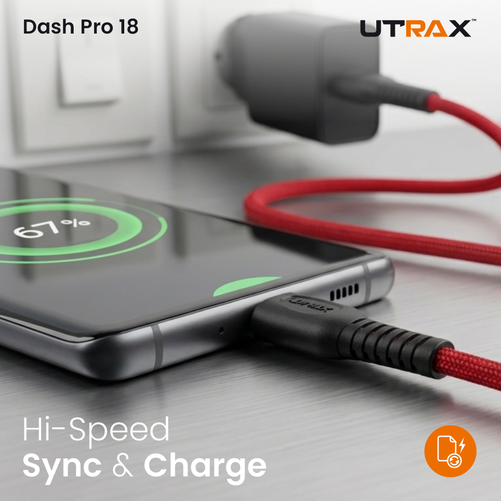 UTRAX Dash Pro 18 – 65W Braided USB-A to Type-C Cable (Red)
