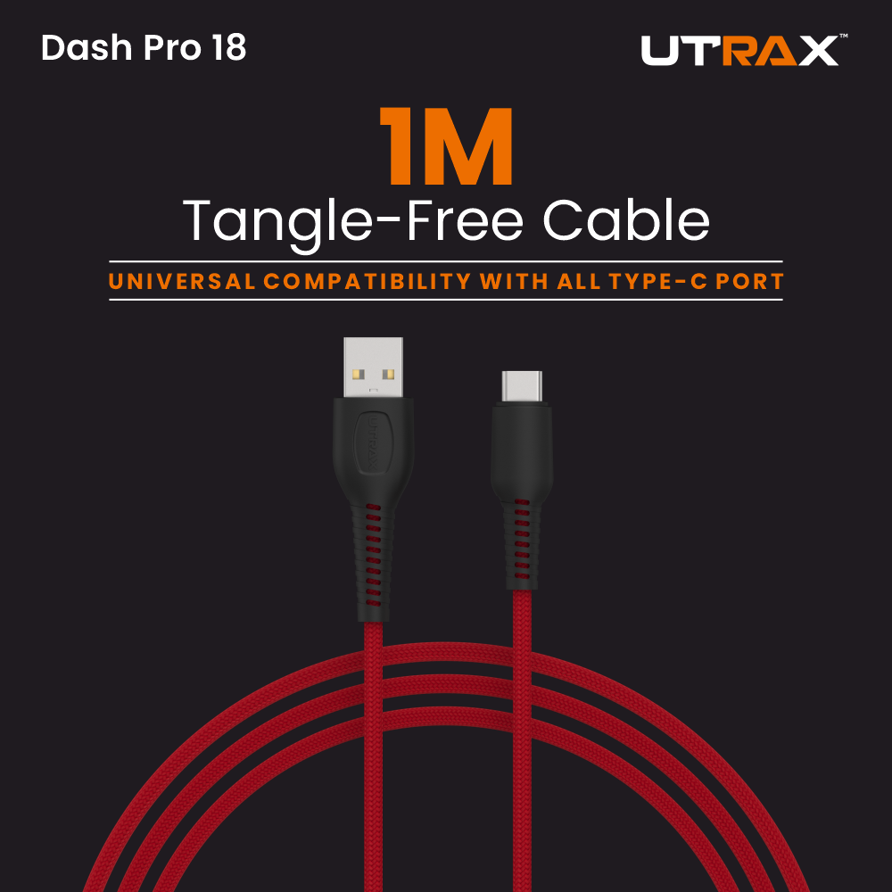 UTRAX Dash Pro 18 – 65W Braided USB-A to Type-C Cable (Red)