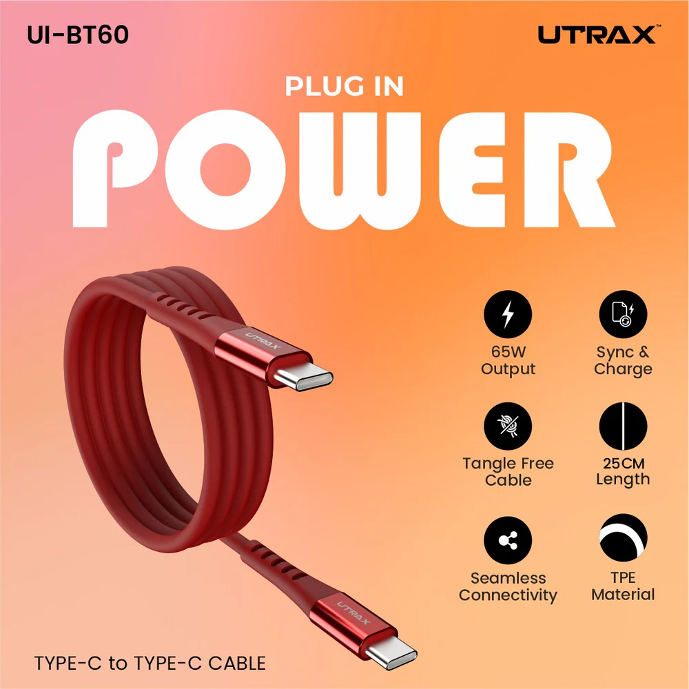 25 CM Type C to Type C TPE Cable with Metal Heads