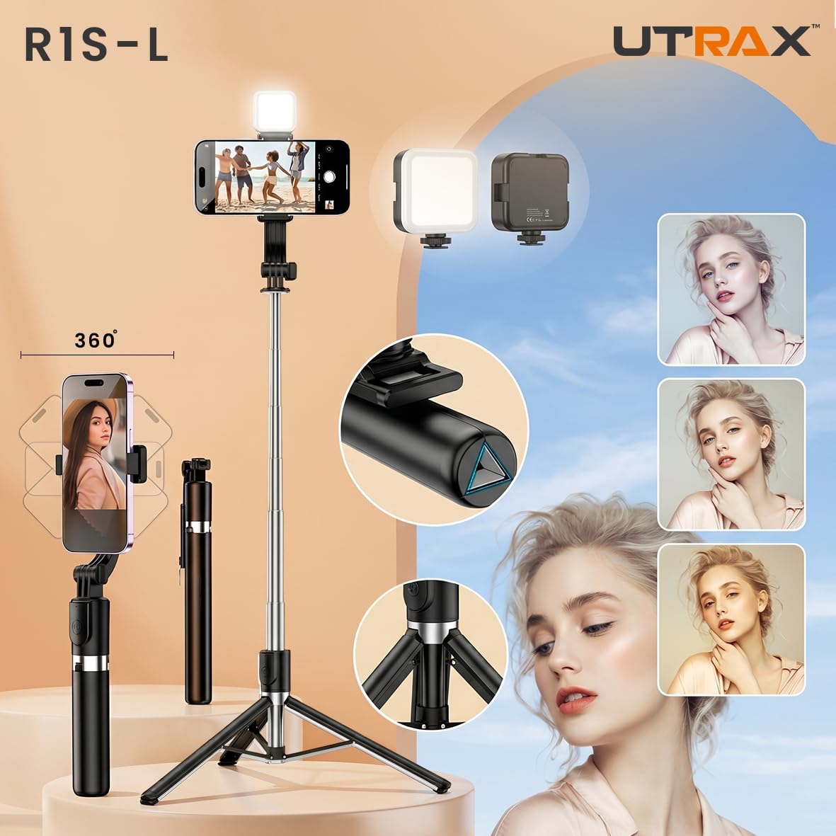 UTRAX Selfie Stick Tripod with Light, 67 inch /170CM Reinforced Tripod for Mobile Phone