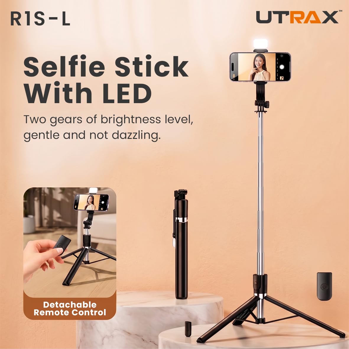 UTRAX Selfie Stick Tripod with Light, 67 inch /170CM Reinforced Tripod for Mobile Phone