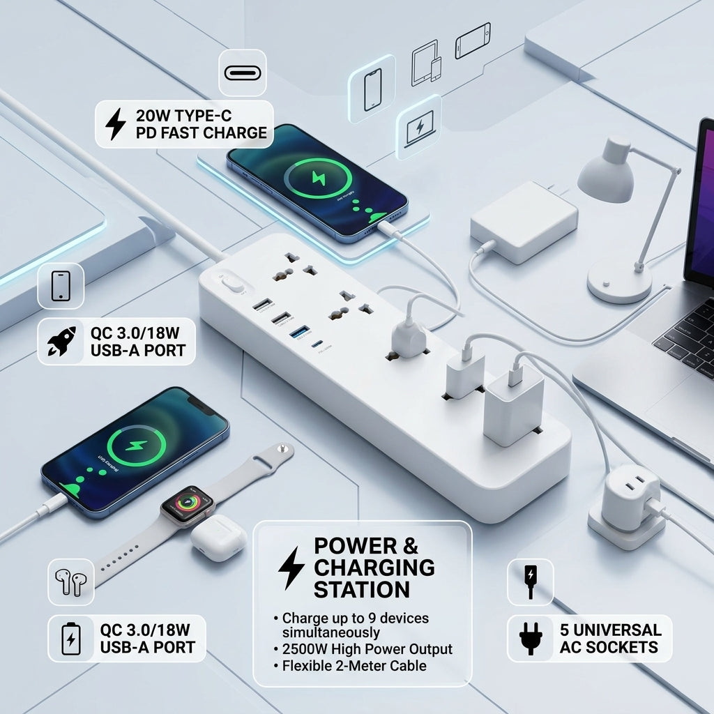 5-Socket Power Extender with Type-C PD & 3 USB Ports