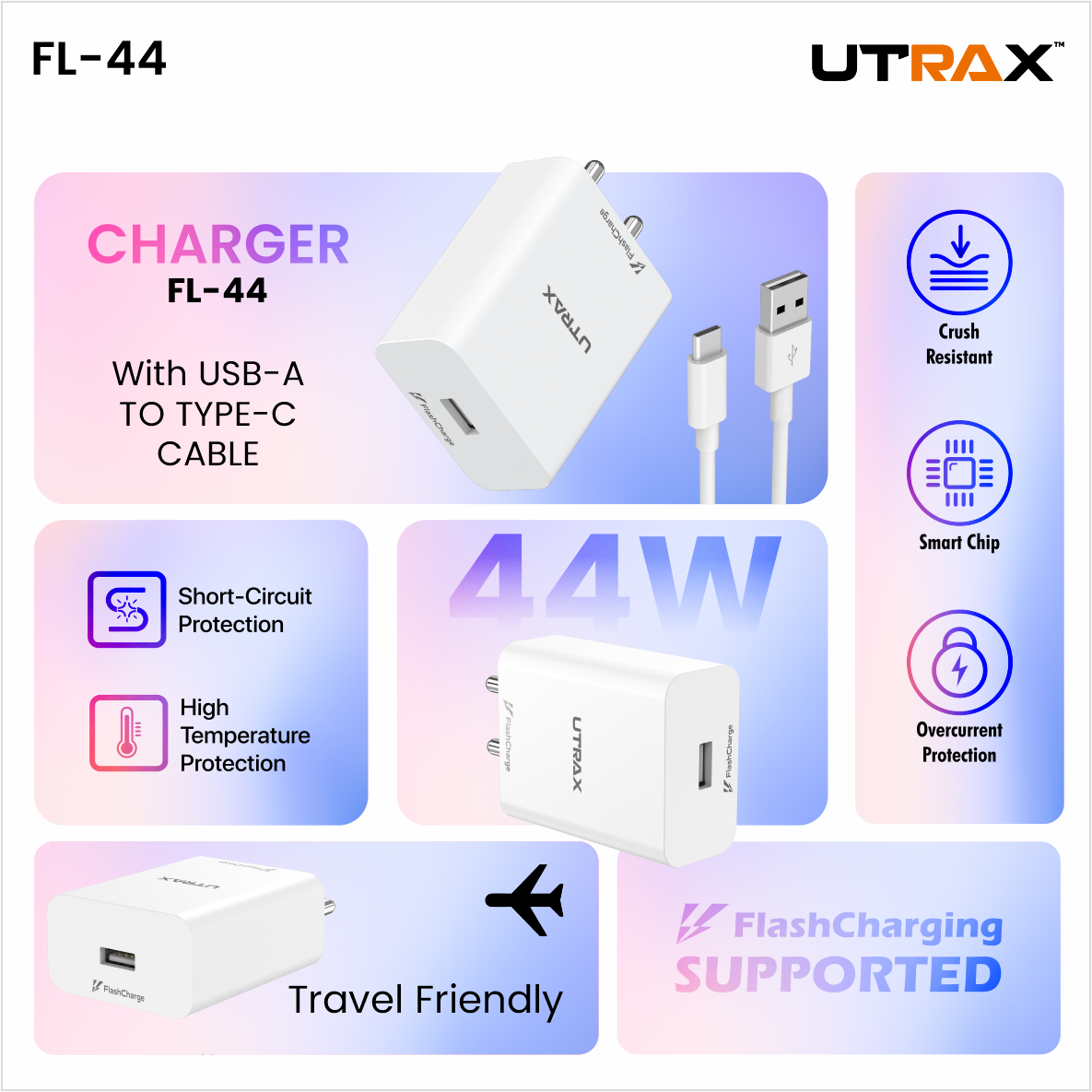 UTRAX 44W Flash Charger (FL-44) with USB-A to Type-C Cable