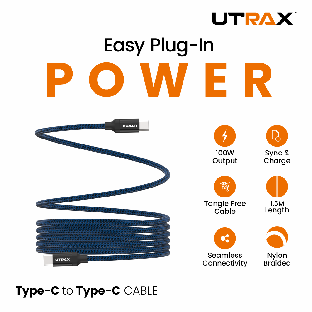UTRAX Type-C to Type-C 100W Fast Charging Nylon Braided Cable – 1.5M - Blue