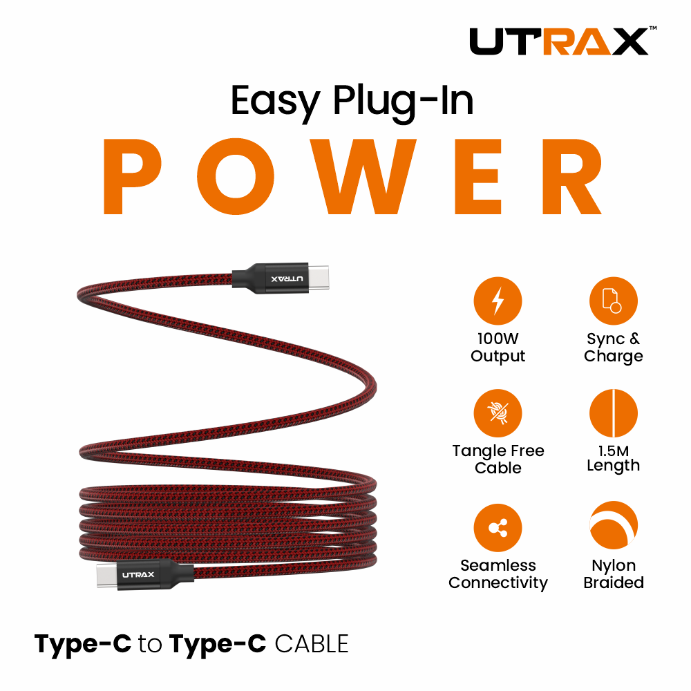 UTRAX Type-C to Type-C 100W Fast Charging Nylon Braided Cable – 1.5M - Red