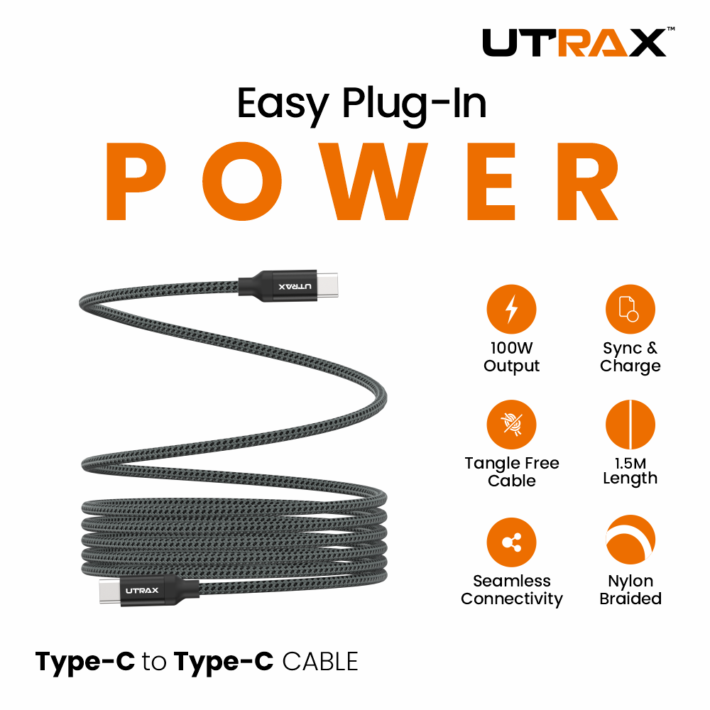 UTRAX Type-C to Type-C 100W Fast Charging Nylon Braided Cable – 1.5M - Grey