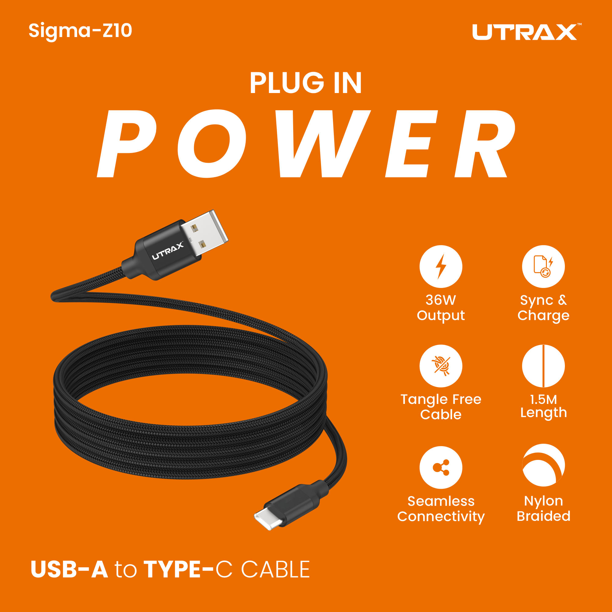 1.5M Nylon Braided USB to Type C 36W Fast & Sync Cable | Metal Heads