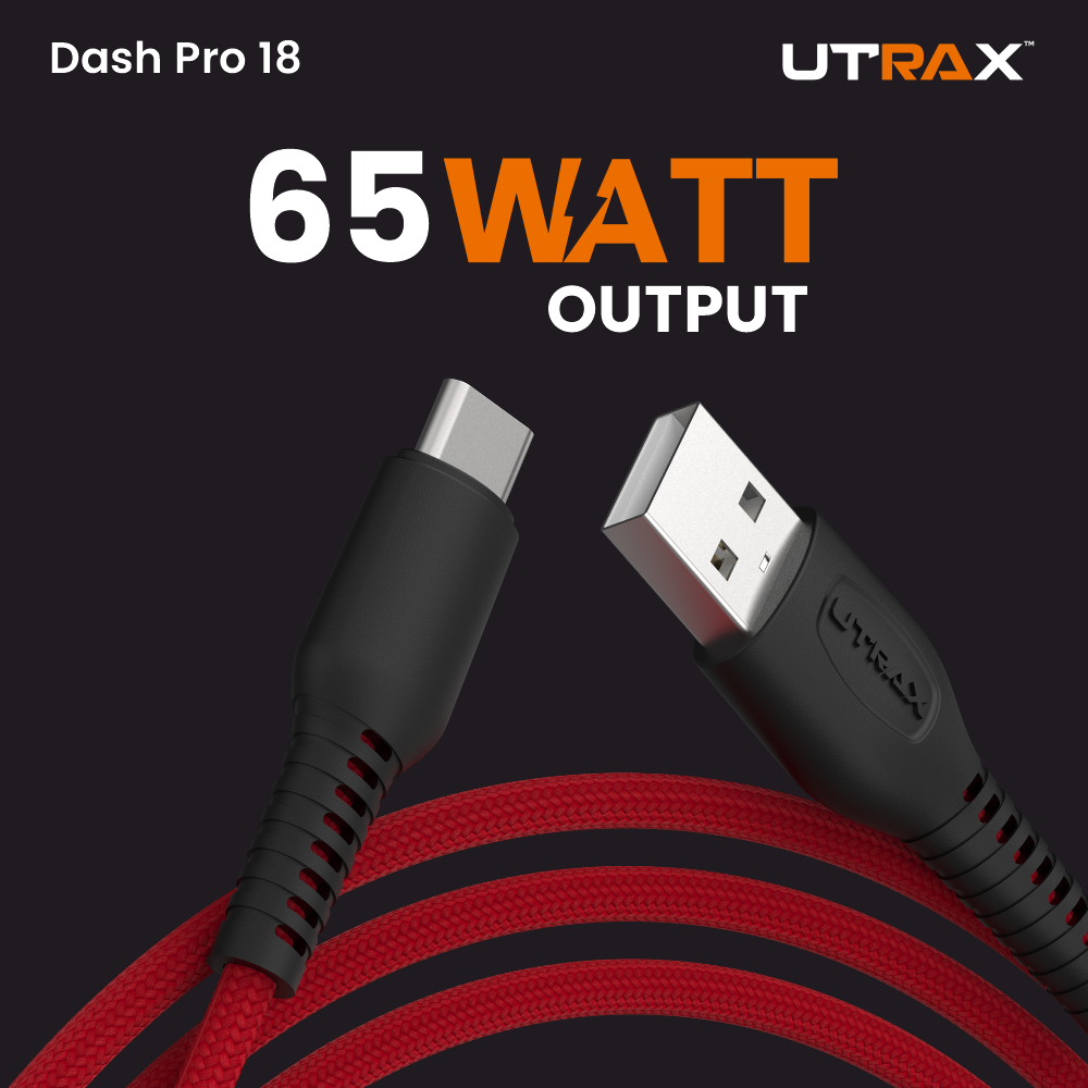 UTRAX Dash Pro 18 – 65W Braided USB-A to Type-C Cable (Red)
