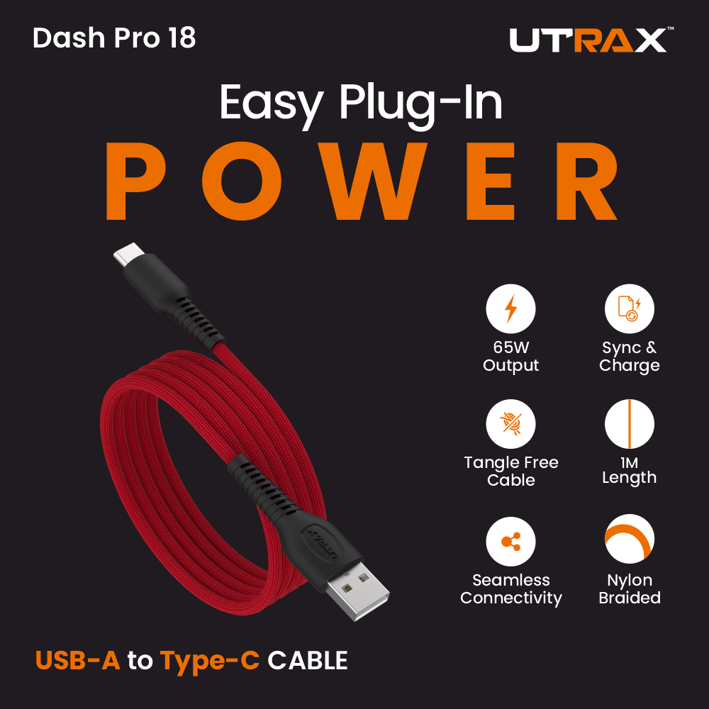 UTRAX Dash Pro 18 – 65W Braided USB-A to Type-C Cable (Red)