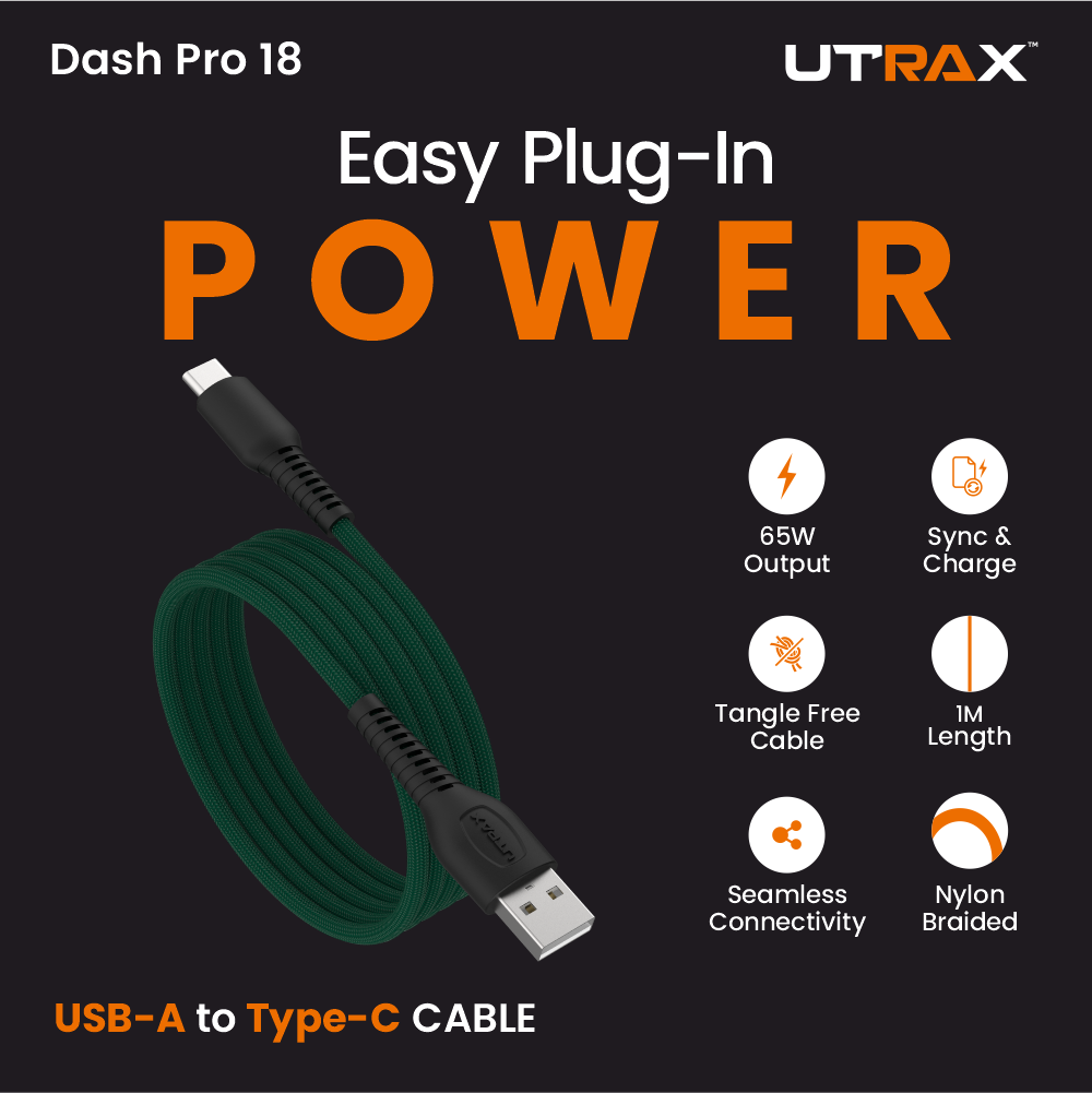 UTRAX Dash Pro 18 – 65W Braided USB-A to Type-C Cable (Green)