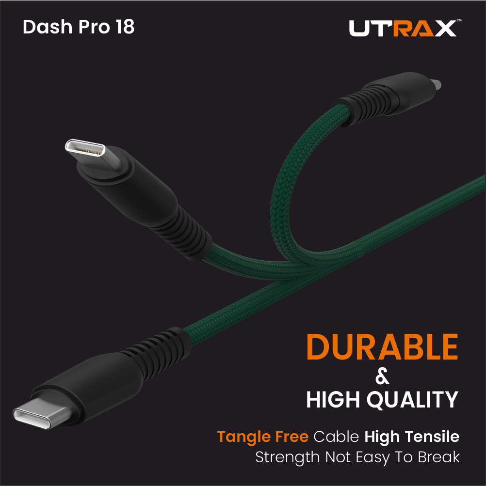 UTRAX Dash Pro 18 – 65W Braided USB-A to Type-C Cable (Green)