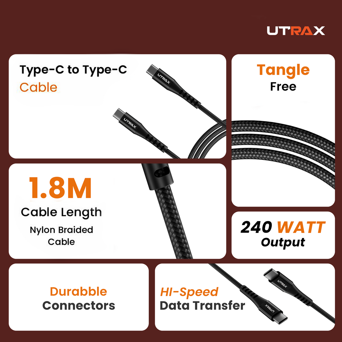 UTRAX Type-C to Type-C 240W Fast Charging Cable, 1.8M Nylon Braided Cable with High-Speed Data Transfer