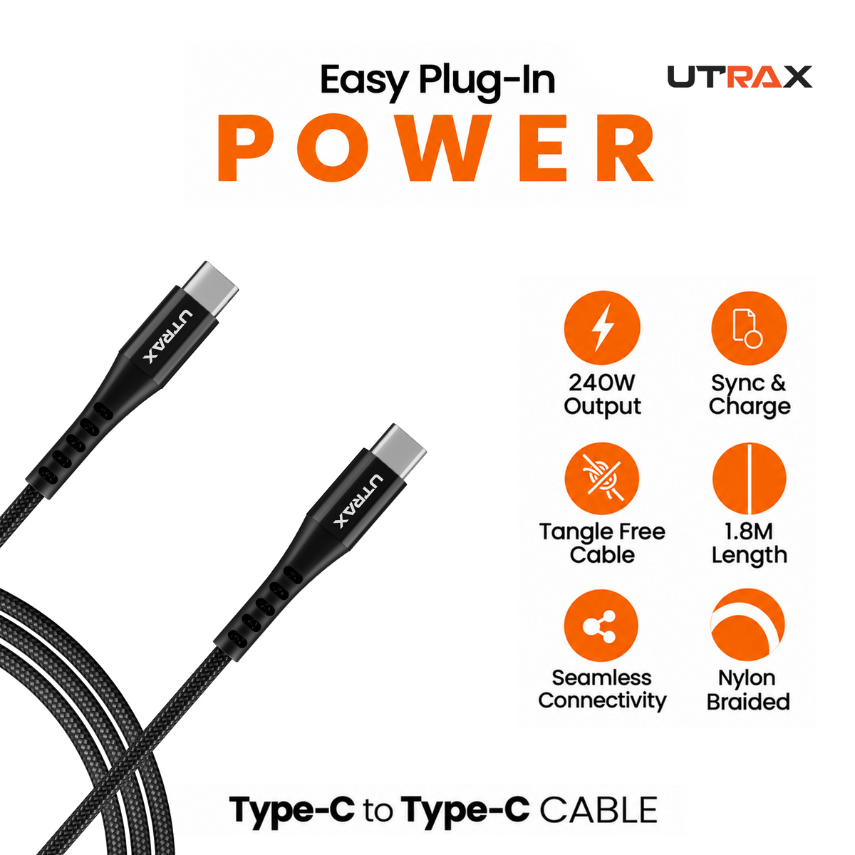 UTRAX Type-C to Type-C 240W Fast Charging Cable, 1.8M Nylon Braided Cable with High-Speed Data Transfer