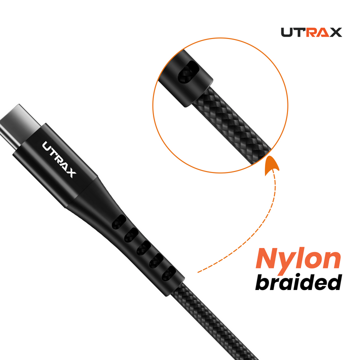 UTRAX Type-C to Type-C 65W Fast Charging Cable, 1.2M Nylon Braided Cable with High-Speed Data Transfer