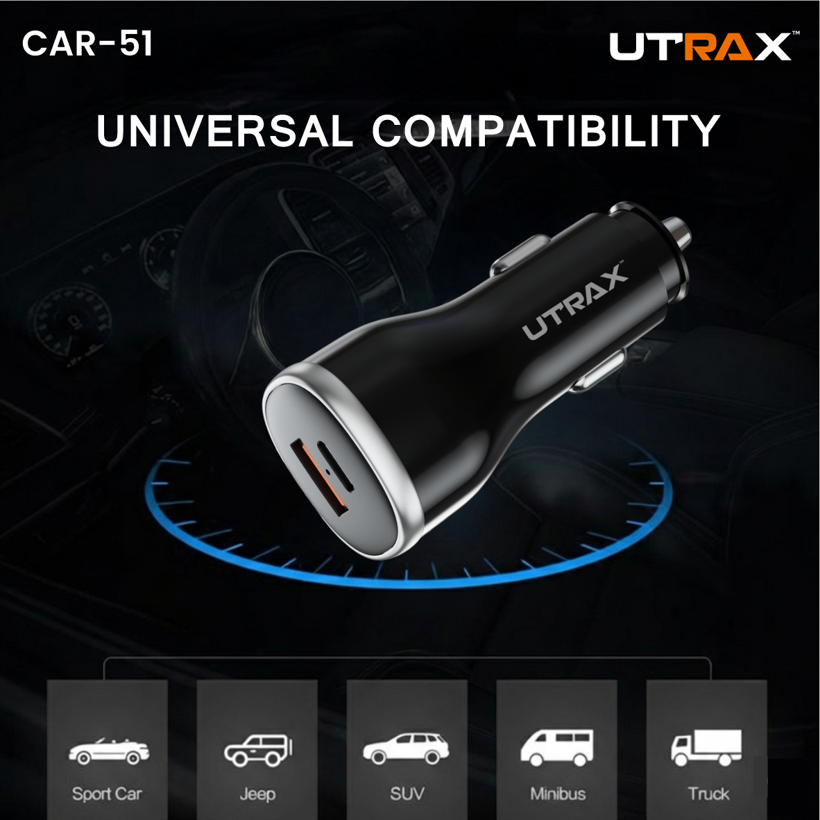 51 Watt premium Car Charger (18W QC + 33W PD) - 65W PD Cable (New)