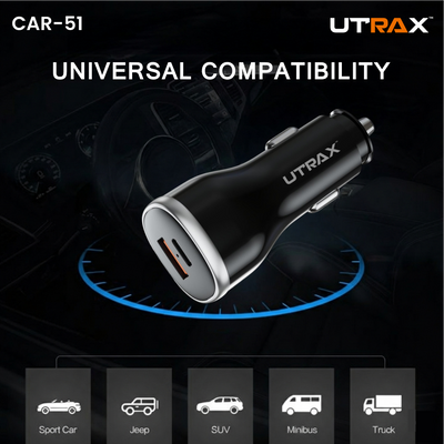 51 Watt premium Car Charger (18W QC + 33W PD) - 65W PD Cable (New)