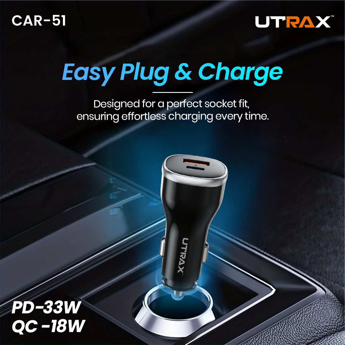 51 Watt premium Car Charger (18W QC + 33W PD) - 65W PD Cable (New)