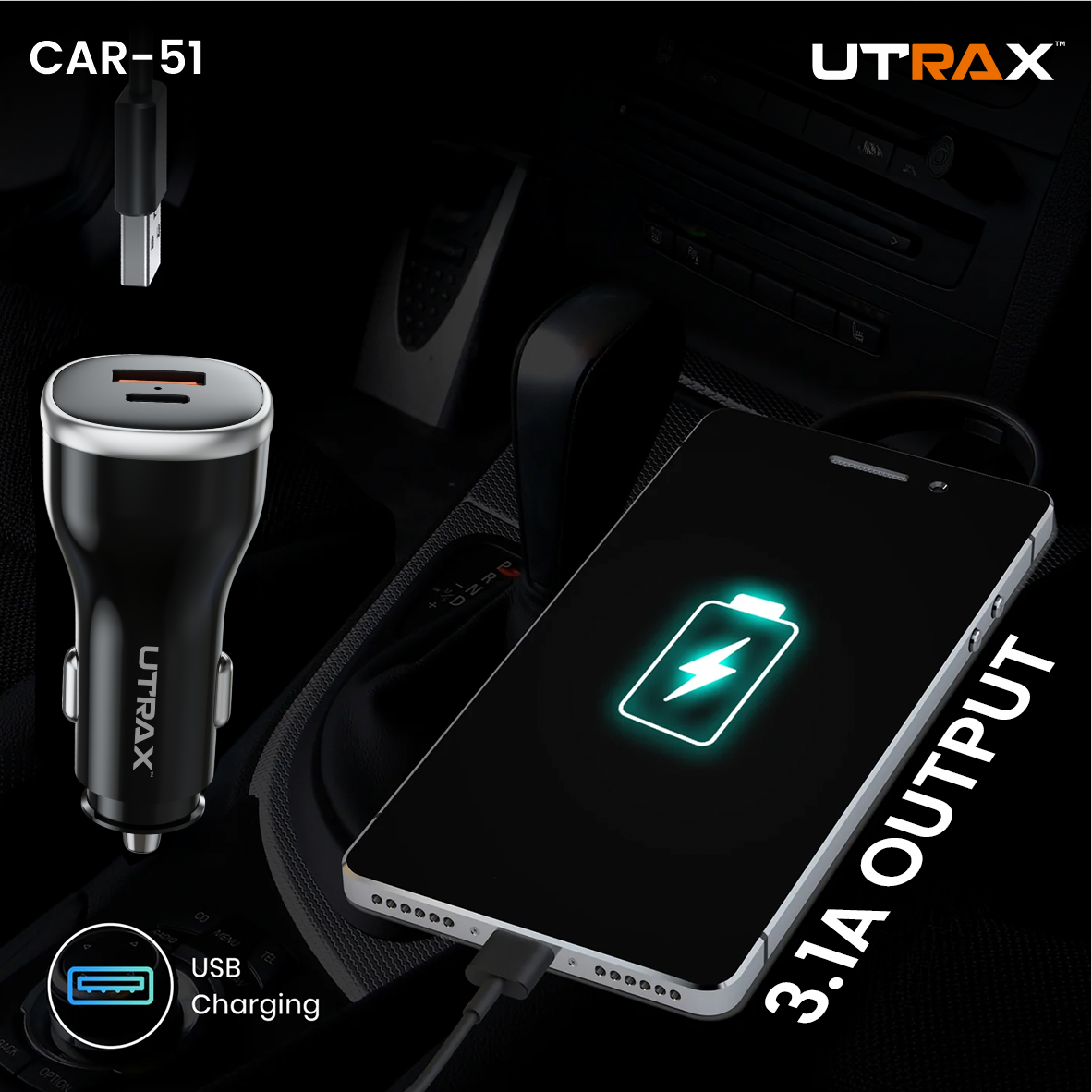 51 Watt premium Car Charger (18W QC + 33W PD) - 65W PD Cable (New)