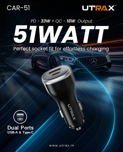 51 Watt premium Car Charger (18W QC + 33W PD) - 65W PD Cable (New)