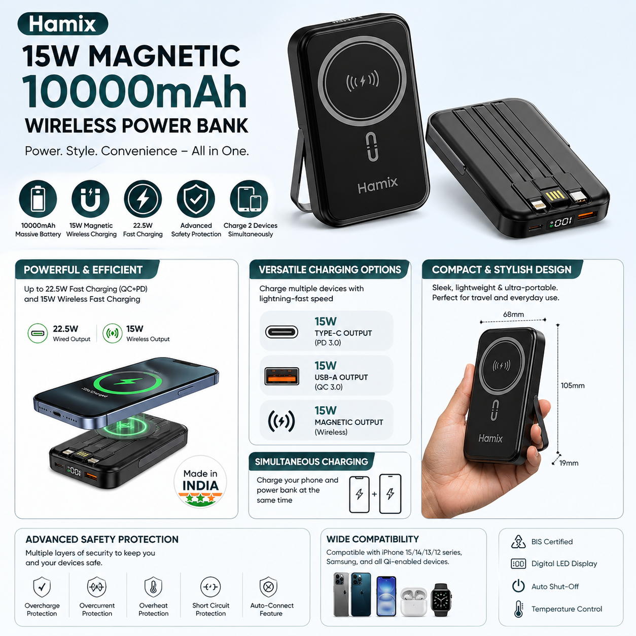 15W Magnetic 10000mAh Wireless Power Bank (Hamix)
