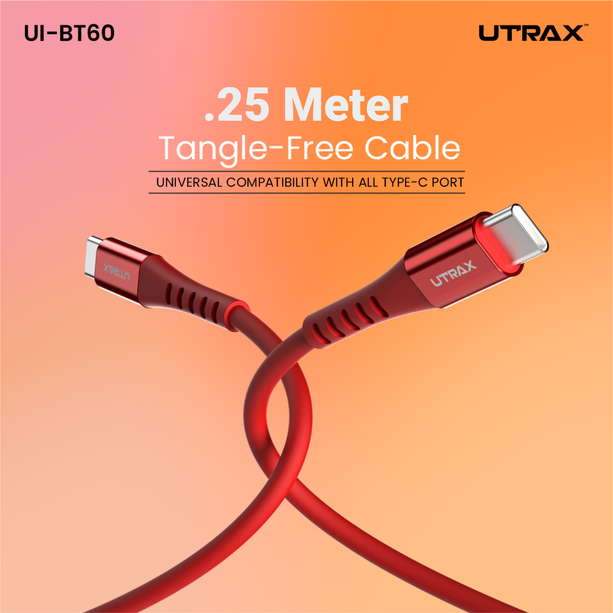 25 CM Type C to Type C TPE Cable with Metal Heads