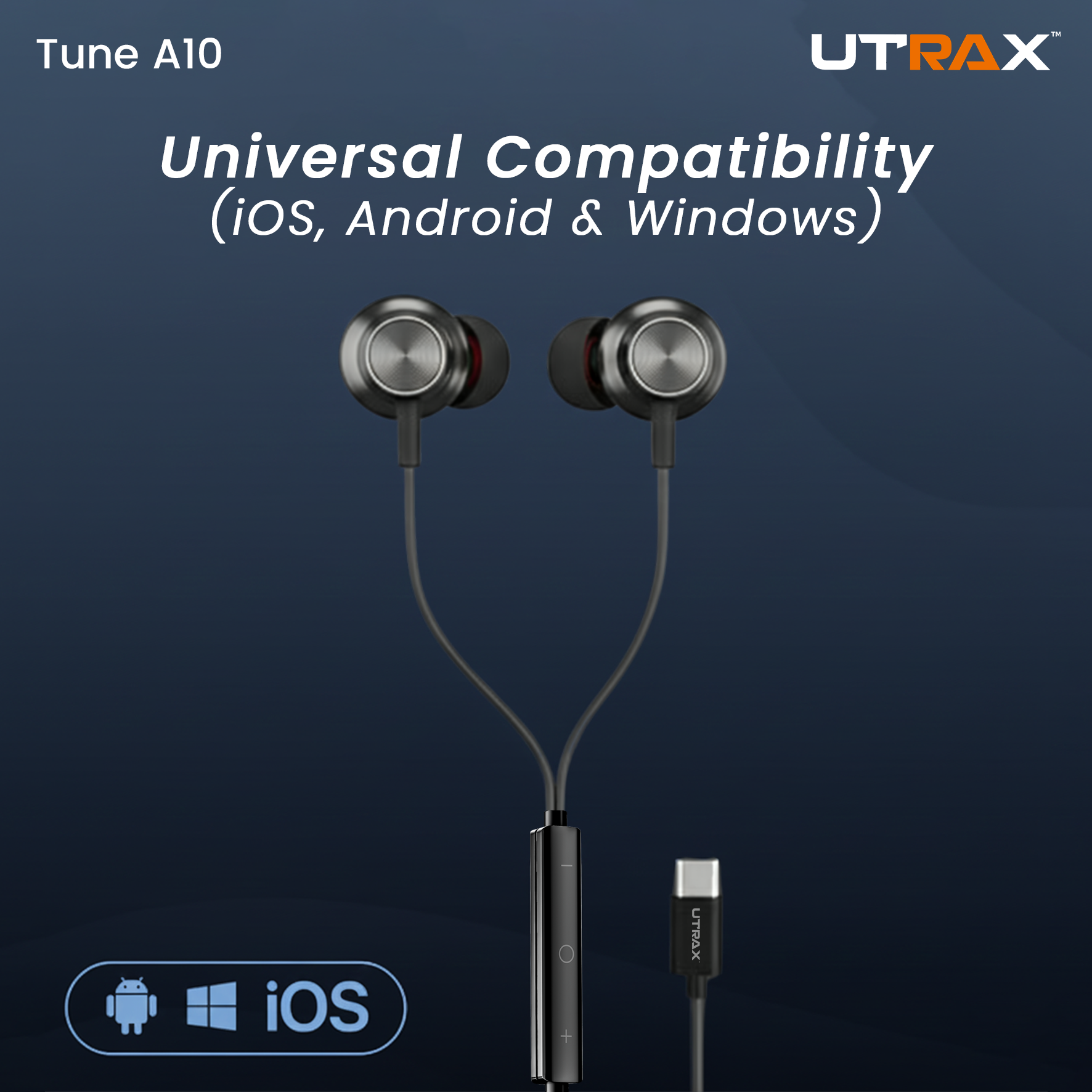 UTRAX Type-C Wired Earphones with mic, 1.2m anti-tangle cable and wide compatibility