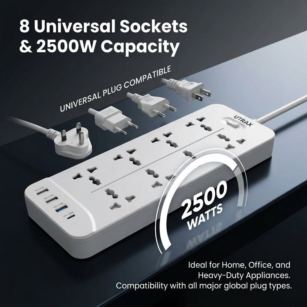 8-Socket Power Extender with Type-C PD & 3 USB Ports