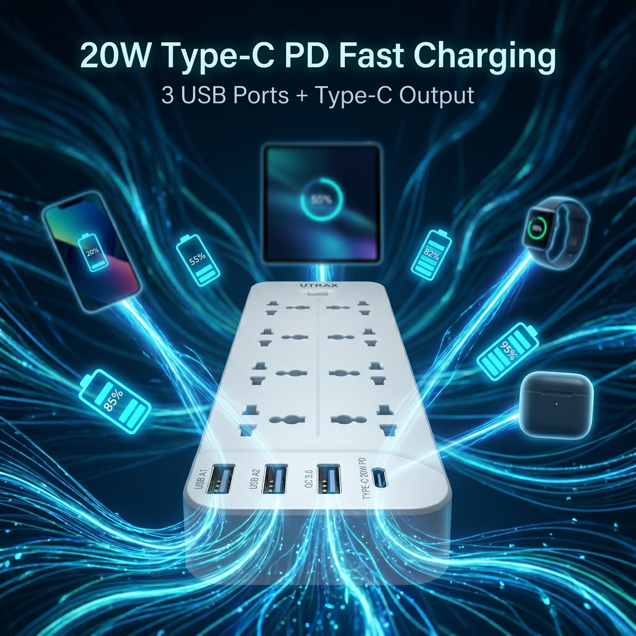 8-Socket Power Extender with Type-C PD & 3 USB Ports