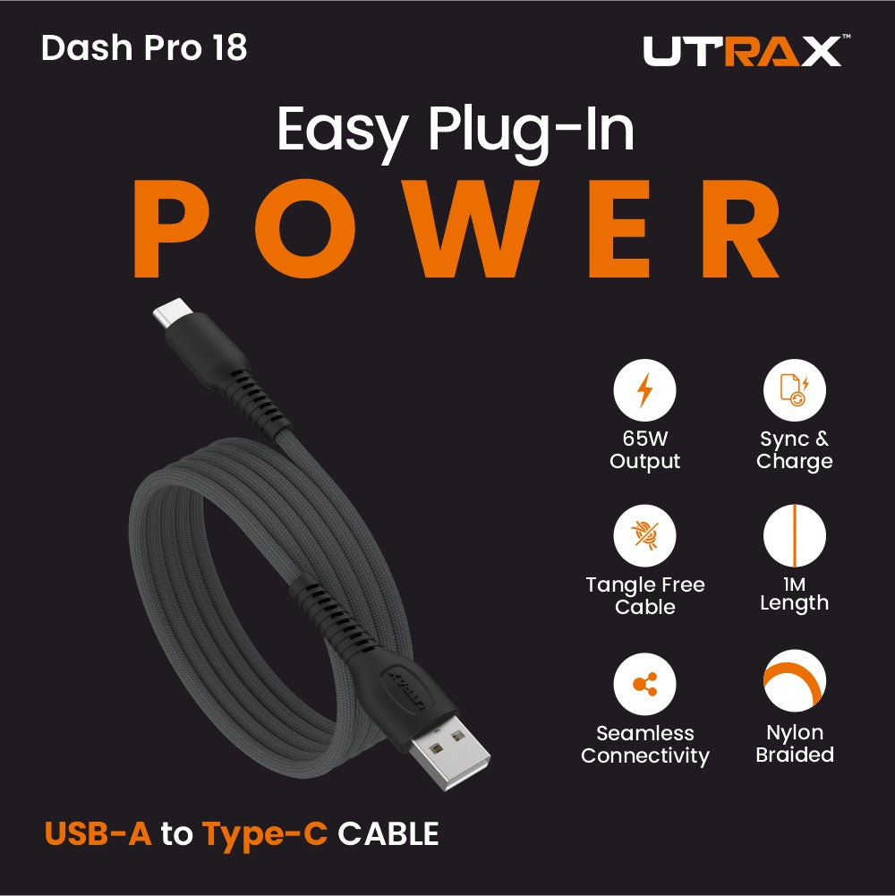 UTRAX Dash Pro 18 – 65W Braided USB-A to Type-C Cable (Green)