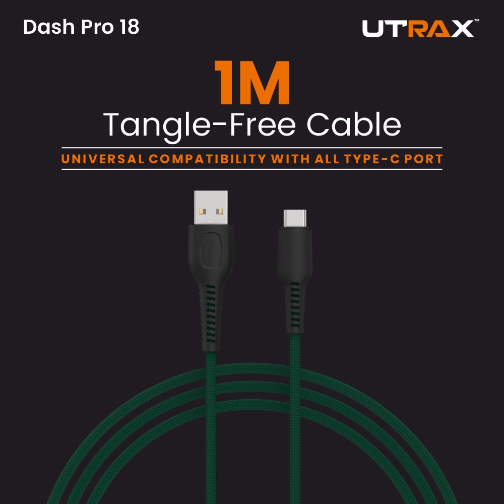 UTRAX Dash Pro 18 – 65W Braided USB-A to Type-C Cable (Green)