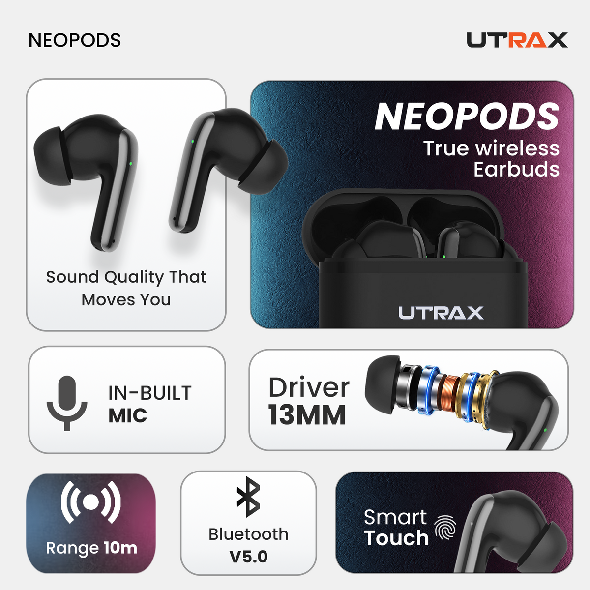 UTRAX NeoPods Black True Wireless Earbuds Bluetooth 5.0 & Smart Touch