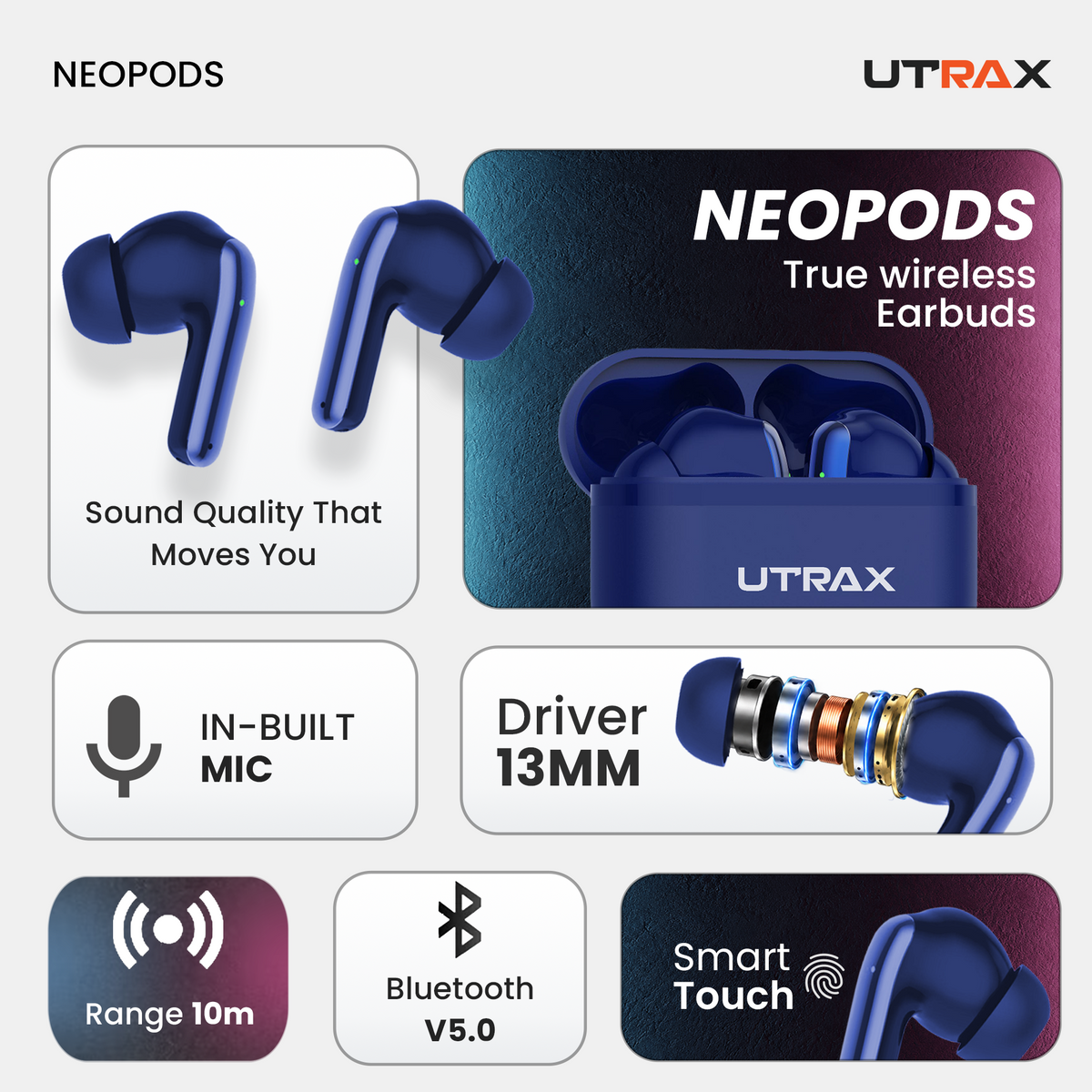 UTRAX NeoPods True Wireless Earbuds, Bluetooth 5.0 & Smart Touch