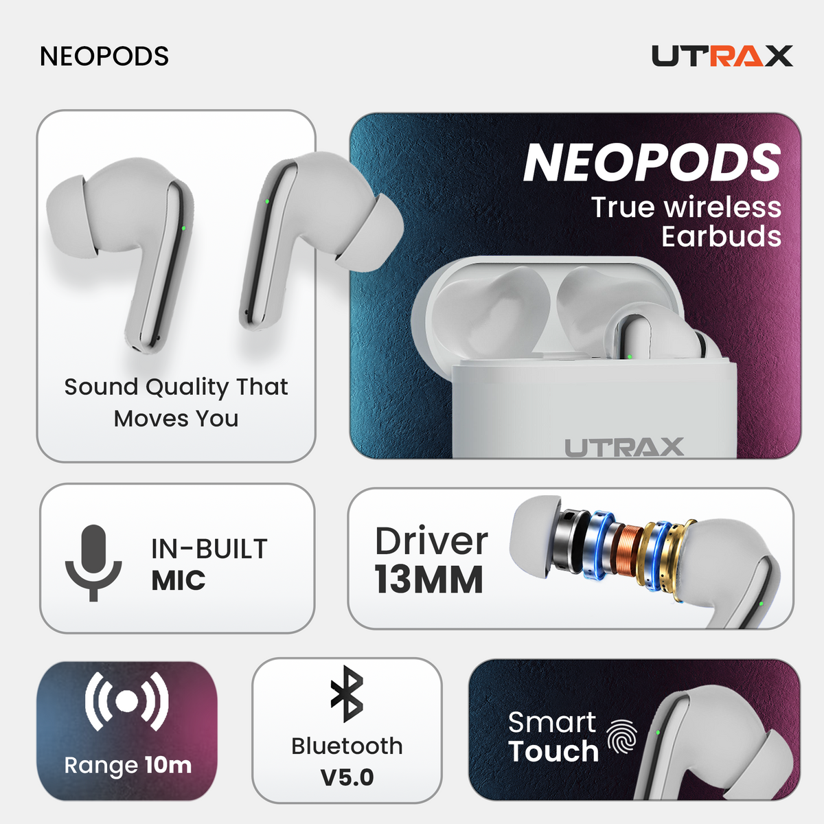UTRAX NeoPods White True Wireless Earbuds Bluetooth 5.0 & Smart Touch